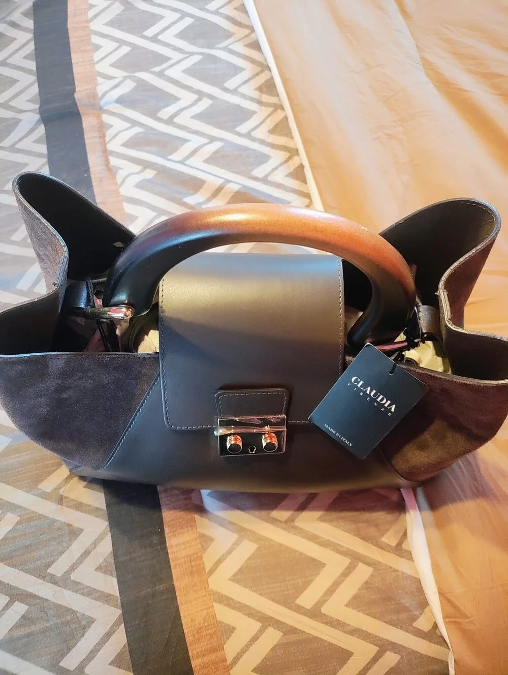 Italian Leather Black Satchel with Rose Gold Lock